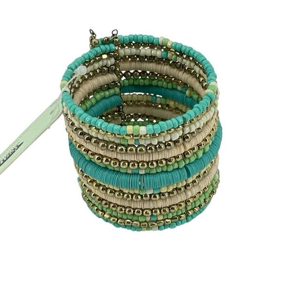 Icon Collection Boho Teal Cream Heishi Bead Multi-Layer Wrap Cuff Bracelet NWT - Picture 2 of 7